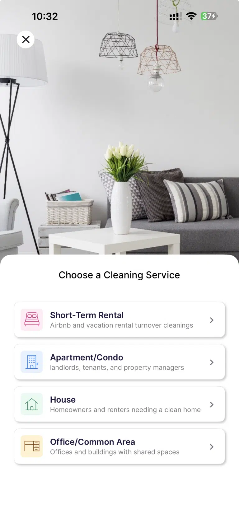 Cleanster app screen for choosing a cleaning service